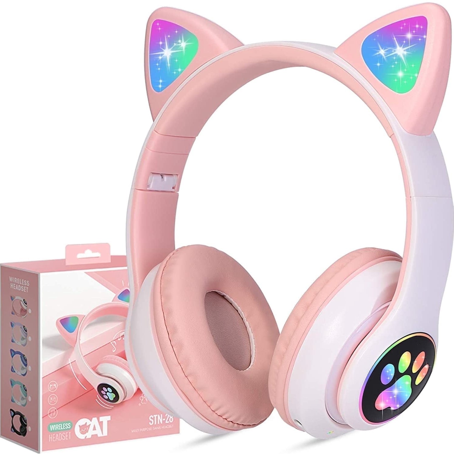 STN-28 Pink Cat Ear Wireless Headset | RGB LED Lights | Bluetooth 5.0 + TF Card + Aux | Foldable | For Kids, Girls, Gaming